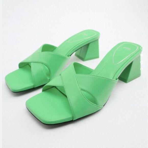 ZARA Green Block Wide Heeled Sandals NWT - Picture 1 of 12